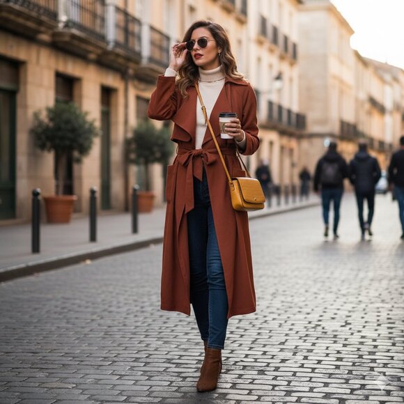 NWT J.ING Jing Brick Red Lightweight Wrap Coat with Tie - Picture 1 of 7